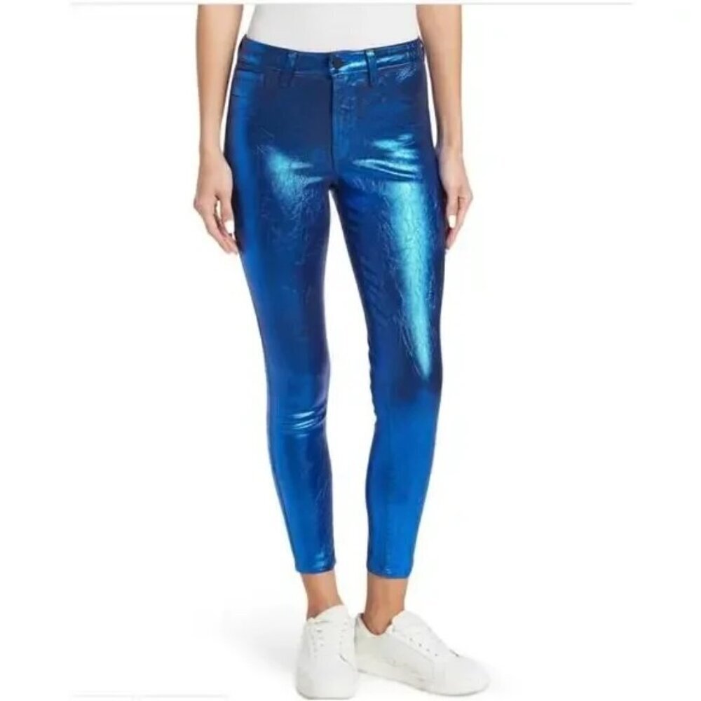 L'AGENCE MARGOT SKINNY HIGH RISE NAVY ROYAL BLUE FOIL METALLIC PANTS HOLIDAY  26